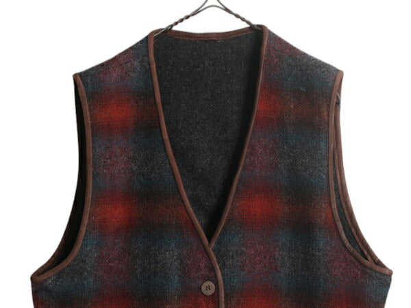 80s USA製 エルエルビーン リバーシブル ベスト レディース L / ヴィンテージ LLBEAN ウール 無地 オンブレ シャドー チェック 本革 レザー
