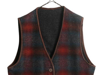 80s USA製 エルエルビーン リバーシブル ベスト レディース L / ヴィンテージ LLBEAN ウール 無地 オンブレ シャドー チェック 本革 レザー