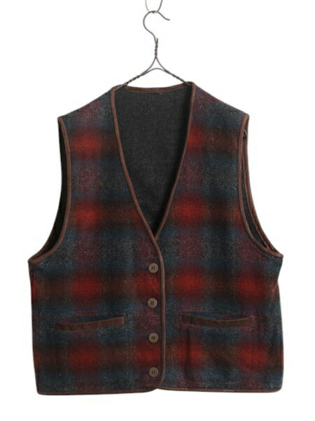 80s USA製 エルエルビーン リバーシブル ベスト レディース L / ヴィンテージ LLBEAN ウール 無地 オンブレ シャドー チェック 本革 レザー