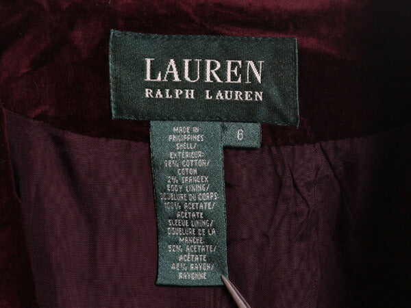 90s LAUREN ラルフローレン ベロア テーラード ジャケット レディース M / 古着 オールド ポロ ブレザー ストレッチ バーガンディ トラッド