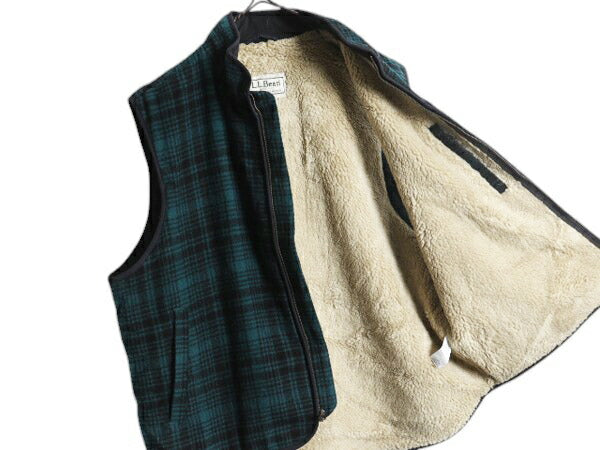 エルエルビーン チェック ウール ベスト メンズ L / LLBEAN 裏 ボア パイル フリース ライナー付き フルジップ ハイネック 重ね着 ツートン