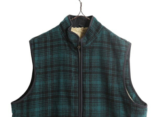 エルエルビーン チェック ウール ベスト メンズ L / LLBEAN 裏 ボア パイル フリース ライナー付き フルジップ ハイネック 重ね着 ツートン
