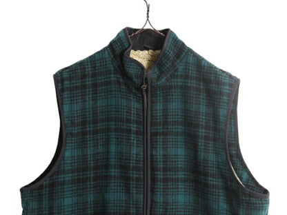 エルエルビーン チェック ウール ベスト メンズ L / LLBEAN 裏 ボア パイル フリース ライナー付き フルジップ ハイネック 重ね着 ツートン