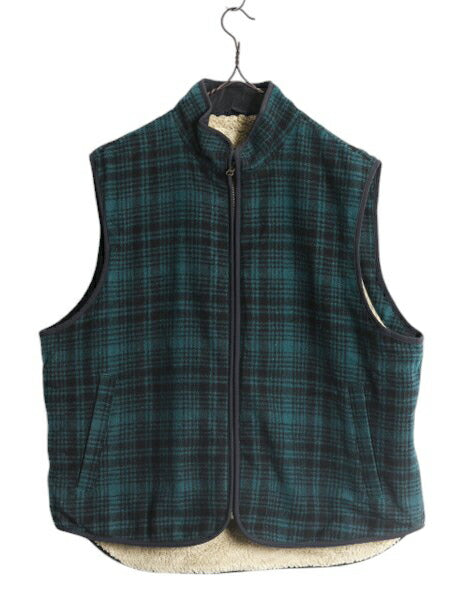 エルエルビーン チェック ウール ベスト メンズ L / LLBEAN 裏 ボア パイル フリース ライナー付き フルジップ ハイネック 重ね着 ツートン