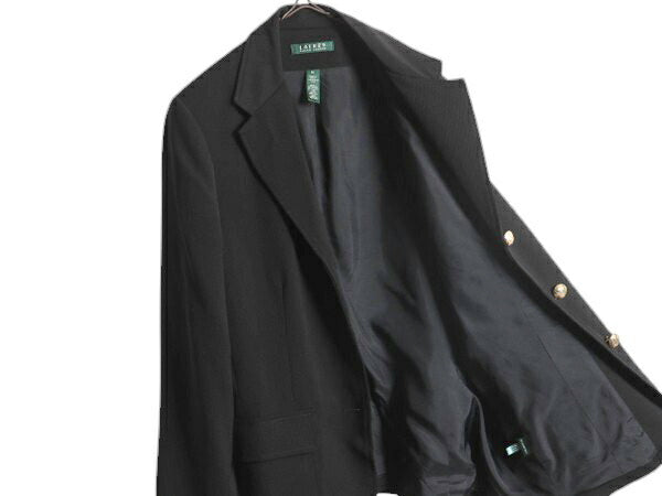 90s LAUREN ラルフローレン テーラード ジャケット レディース XL 程 オールド ポロ ブレザー クッキー クレスト 紺ブレ 金ボタン ブラック