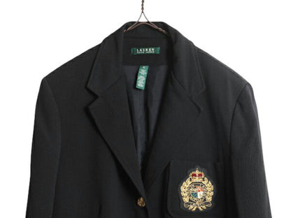 90s LAUREN ラルフローレン テーラード ジャケット レディース XL 程 オールド ポロ ブレザー クッキー クレスト 紺ブレ 金ボタン ブラック