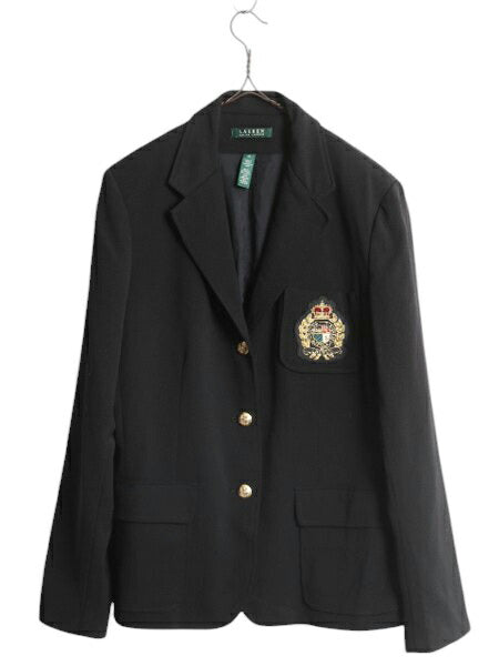 90s LAUREN ラルフローレン テーラード ジャケット レディース XL 程 オールド ポロ ブレザー クッキー クレスト 紺ブレ 金ボタン ブラック