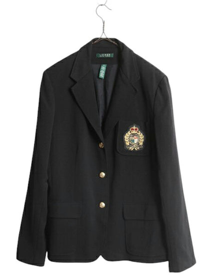 90s LAUREN ラルフローレン テーラード ジャケット レディース XL 程 オールド ポロ ブレザー クッキー クレスト 紺ブレ 金ボタン ブラック