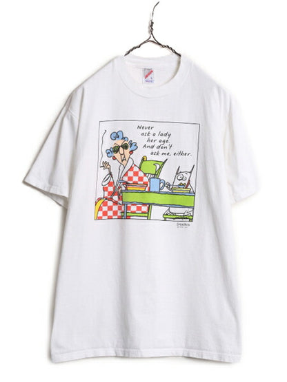 80s 90s USA製 メッセージ イラスト プリント 半袖 Tシャツ メンズ L 80年代 90年代 オールド ヴィンテージ 半袖Tシャツ ヘビーウェイト 白