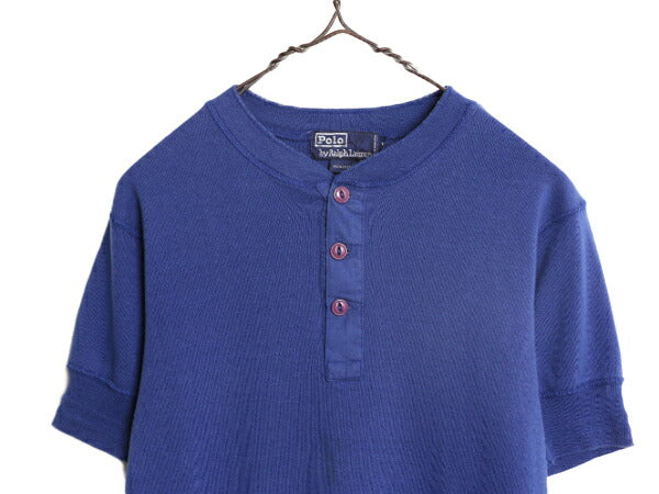 90s ポロ ラルフローレン ヘンリーネック リブ編み 半袖 Tシャツ メンズ M / 古着 90年代 オールド アンダーシャツ ポニー無し 無地 ブルー