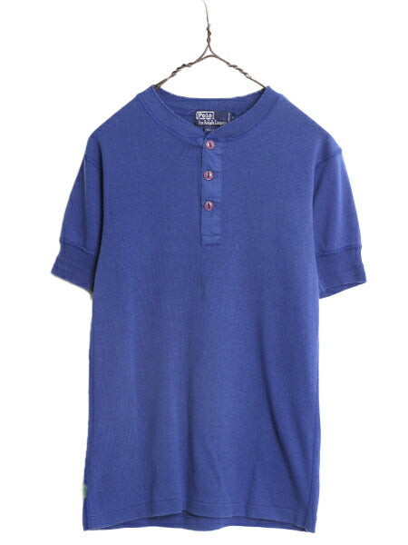 90s ポロ ラルフローレン ヘンリーネック リブ編み 半袖 Tシャツ メンズ M / 古着 90年代 オールド アンダーシャツ ポニー無し 無地 ブルー
