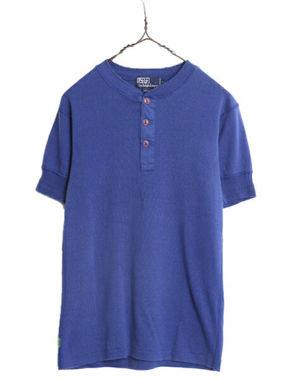 90s ポロ ラルフローレン ヘンリーネック リブ編み 半袖 Tシャツ メンズ M / 古着 90年代 オールド アンダーシャツ ポニー無し 無地 ブルー