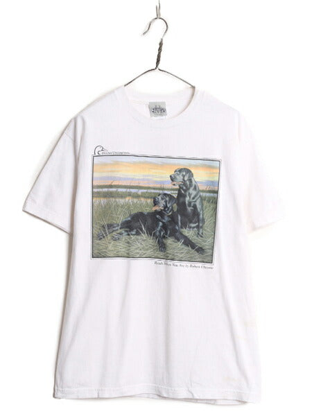 00s ドッグ アート イラスト プリント Tシャツ メンズ L 00年代 オールド アニマル 犬 ハンティング ヘビーウェイト クルーネック ホワイト