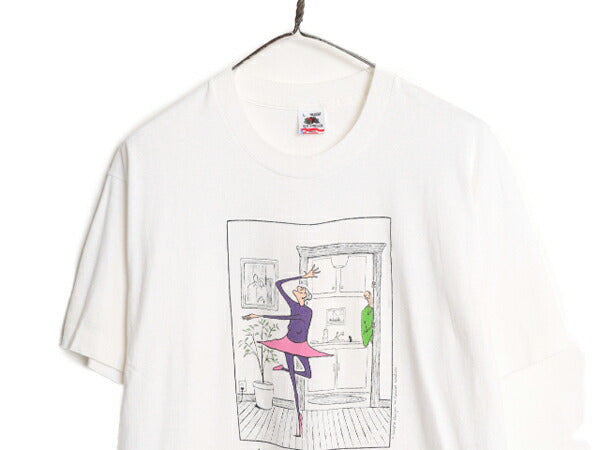 90s USA製 メッセージ イラスト プリント 半袖 Tシャツ メンズ L 古着 90年代 オールド アート ヘビーウェイト シングルステッチ ホワイト