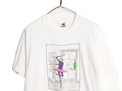 90s USA製 メッセージ イラスト プリント 半袖 Tシャツ メンズ L 古着 90年代 オールド アート ヘビーウェイト シングルステッチ ホワイト