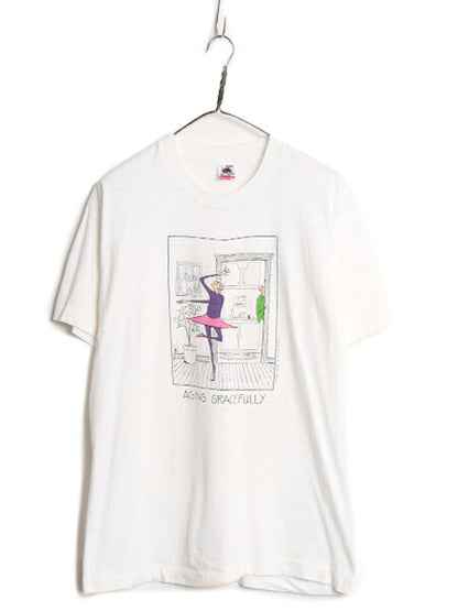 90s USA製 メッセージ イラスト プリント 半袖 Tシャツ メンズ L 古着 90年代 オールド アート ヘビーウェイト シングルステッチ ホワイト