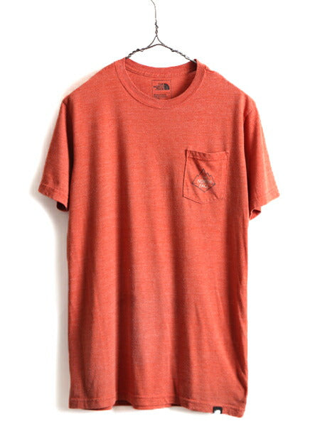 ■ ノースフェイス ポケット付き プリント 半袖 Tシャツ ( メンズ M ) 古着 The North Face グラフィック プリントT ポケT ロゴT 杢 エンジ