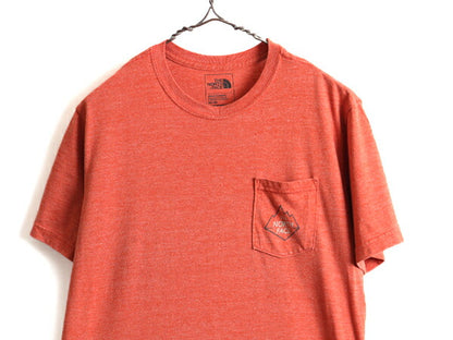■ ノースフェイス ポケット付き プリント 半袖 Tシャツ ( メンズ M ) 古着 The North Face グラフィック プリントT ポケT ロゴT 杢 エンジ