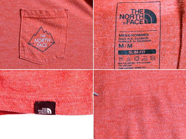 ■ ノースフェイス ポケット付き プリント 半袖 Tシャツ ( メンズ M ) 古着 The North Face グラフィック プリントT ポケT ロゴT 杢 エンジ