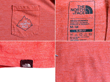 ■ ノースフェイス ポケット付き プリント 半袖 Tシャツ ( メンズ M ) 古着 The North Face グラフィック プリントT ポケT ロゴT 杢 エンジ