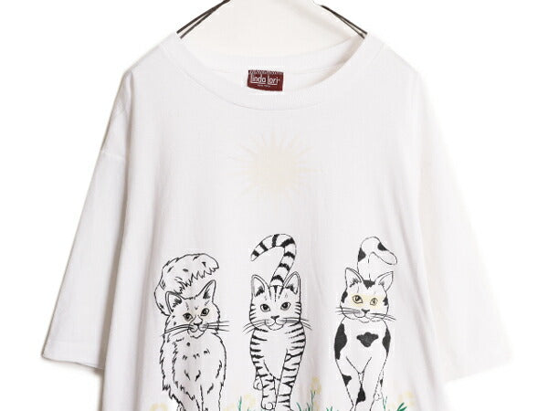 80s USA製 LINDA LORI ネコ イラスト プリント 半袖 Tシャツ メンズ レディース XL 古着 80年代 ヴィンテージ アート シングルステッチ 白