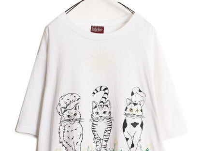 80s USA製 LINDA LORI ネコ イラスト プリント 半袖 Tシャツ メンズ レディース XL 古着 80年代 ヴィンテージ アート シングルステッチ 白