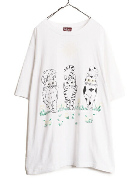 80s USA製 LINDA LORI ネコ イラスト プリント 半袖 Tシャツ メンズ レディース XL 古着 80年代 ヴィンテージ アート シングルステッチ 白