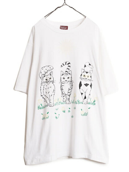 80s USA製 LINDA LORI ネコ イラスト プリント 半袖 Tシャツ メンズ レディース XL 古着 80年代 ヴィンテージ アート シングルステッチ 白