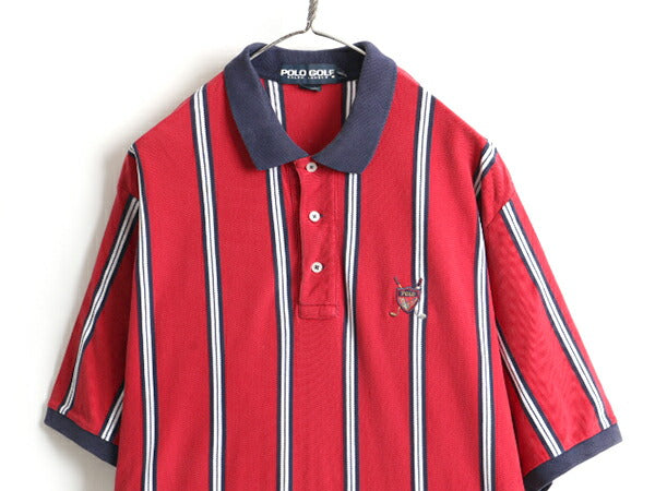 90s 大きいサイズ XL ■ POLO GOLF ラルフローレン ストライプ 鹿の子 半袖 ポロシャツ ( メンズ ) 古着 90年代 ポロ ゴルフ 半袖シャツ 赤