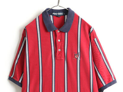 90s 大きいサイズ XL ■ POLO GOLF ラルフローレン ストライプ 鹿の子 半袖 ポロシャツ ( メンズ ) 古着 90年代 ポロ ゴルフ 半袖シャツ 赤