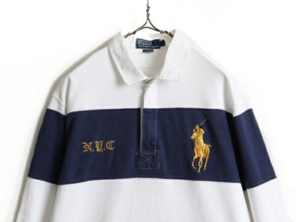 ビッグポニー ■ POLO ポロ ラルフローレン ボーダー 長袖 ラガーシャツ ( メンズ L ) 古着 ラグビー ラグビーシャツ 2トーン ジップネック