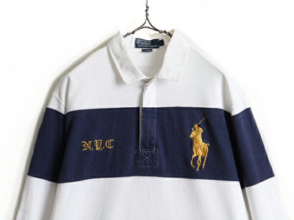 ビッグポニー ■ POLO ポロ ラルフローレン ボーダー 長袖 ラガーシャツ ( メンズ L ) 古着 ラグビー ラグビーシャツ 2トーン ジップネック