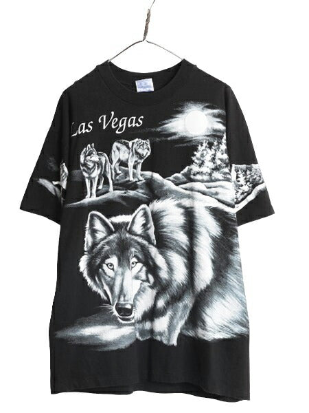90s USA製 ウルフ オールオーバー プリント 半袖 Tシャツ メンズ XL 90年代 オールド アニマル アート シングルステッチ オオカミ ブラック