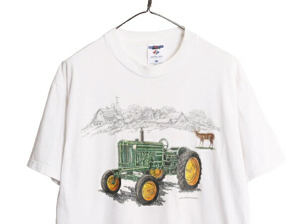 90s 00s USA製 アート イラスト プリント 半袖 Tシャツ メンズ L / 古着 90年代 00年代 オールド グラフィック トラクター シカ カットソー