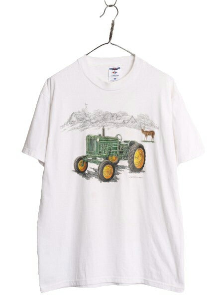 90s 00s USA製 アート イラスト プリント 半袖 Tシャツ メンズ L / 古着 90年代 00年代 オールド グラフィック トラクター シカ カットソー