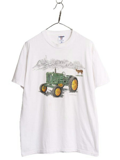 90s 00s USA製 アート イラスト プリント 半袖 Tシャツ メンズ L / 古着 90年代 00年代 オールド グラフィック トラクター シカ カットソー