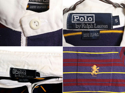 90s USA製 ポロ ラルフローレン ボーダー 長袖 ラガーシャツ メンズ S / オールド POLO 長袖シャツ ラグビー ヘビーウェイト ポケット付き