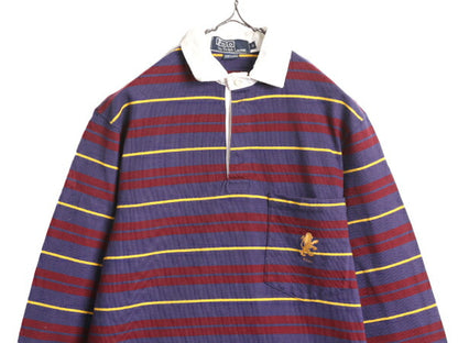 90s USA製 ポロ ラルフローレン ボーダー 長袖 ラガーシャツ メンズ S / オールド POLO 長袖シャツ ラグビー ヘビーウェイト ポケット付き