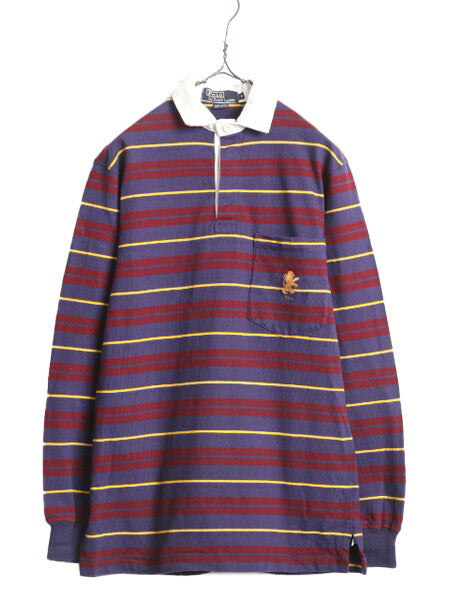 90s USA製 ポロ ラルフローレン ボーダー 長袖 ラガーシャツ メンズ S / オールド POLO 長袖シャツ ラグビー ヘビーウェイト ポケット付き