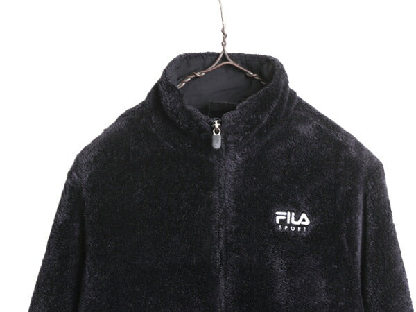 フィラ パイル フリース ジャケット レディース S / FILA SPORT フルジップ ボア ブルゾン ハイネック ジャンパー ワンポイント ブラック