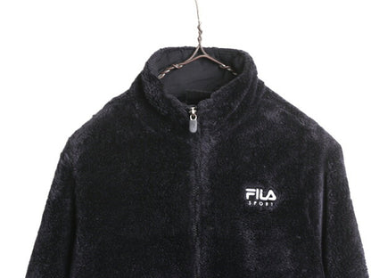 フィラ パイル フリース ジャケット レディース S / FILA SPORT フルジップ ボア ブルゾン ハイネック ジャンパー ワンポイント ブラック