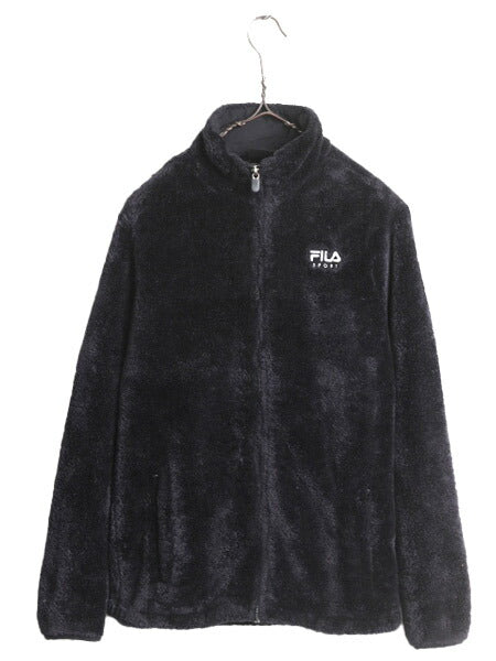 フィラ パイル フリース ジャケット レディース S / FILA SPORT フルジップ ボア ブルゾン ハイネック ジャンパー ワンポイント ブラック