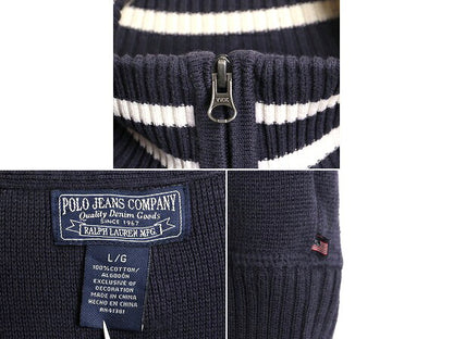 ラルフローレン ハイネック コットン ニット セーター メンズ L / 古着 POLO JEANS フルジップ リブ編み ドライバーズ ジャケット ネイビー