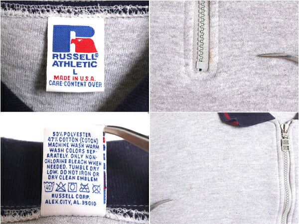90s USA製 ラッセル 襟付き スウェット メンズ L 古着 90年代 オールド RUSSELL トレーナー ハーフジップ 裏起毛 ポロシャツ ワンポイント