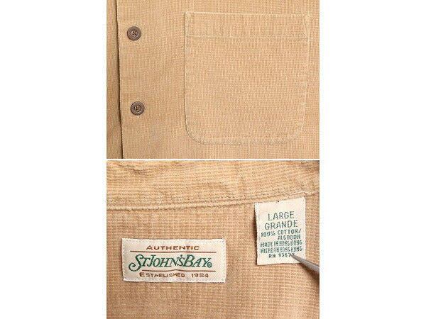 90s ST JOHN'S BAY コーデユロイ 長袖 シャツ メンズ L 古着 90年代 オールド セントジョンズベイ  長袖シャツ ポケット付き 無地 ベージュ