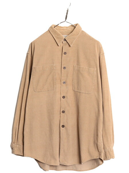 90s ST JOHN'S BAY コーデユロイ 長袖 シャツ メンズ L 古着 90年代 オールド セントジョンズベイ  長袖シャツ ポケット付き 無地 ベージュ