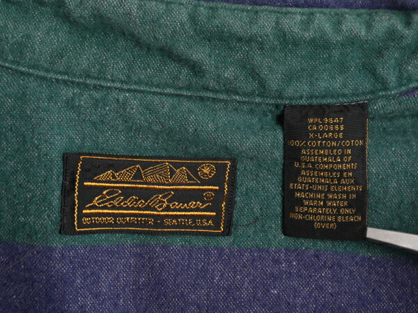 90s エディーバウアー ボーダー コットン シャモア クロス シャツ メンズ XL 古着 オールド Eddie Bauer ネルシャツ フランネル 長袖シャツ