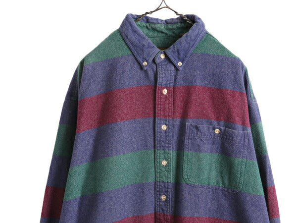 90s エディーバウアー ボーダー コットン シャモア クロス シャツ メンズ XL 古着 オールド Eddie Bauer ネルシャツ フランネル 長袖シャツ