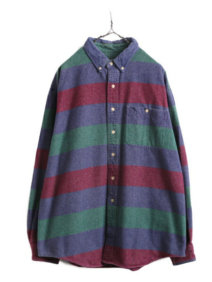 90s エディーバウアー ボーダー コットン シャモア クロス シャツ メンズ XL 古着 オールド Eddie Bauer ネルシャツ フランネル 長袖シャツ
