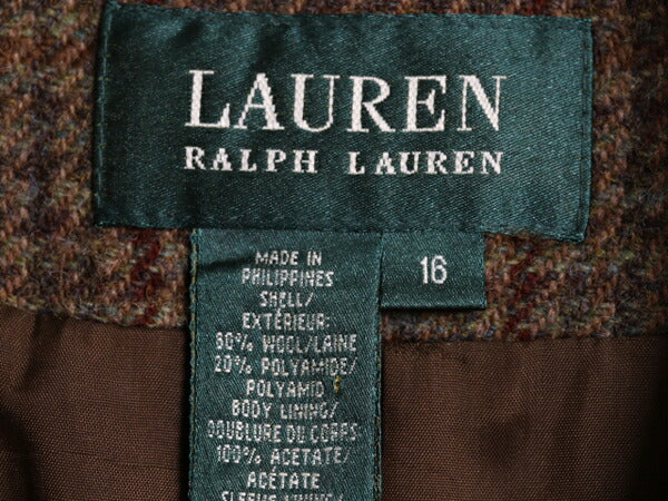 90s LAUREN ラルフローレン ウール テーラード ジャケット レディース XL 程 古着 オールド ポロ ブレザー チェック 上襟 ヌバック レザー